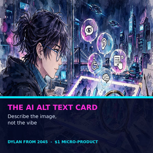 Cover: The AI Alt Text Card — describe the image, not the vibe, a $1 micro-product from Dylan From 2045