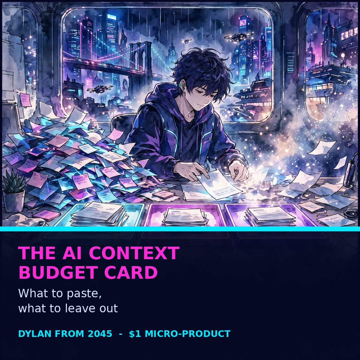 The AI Context Budget Card cover - a creator sorting a pile of glowing documents into three neat trays, futuristic cyberpunk watercolor manga style