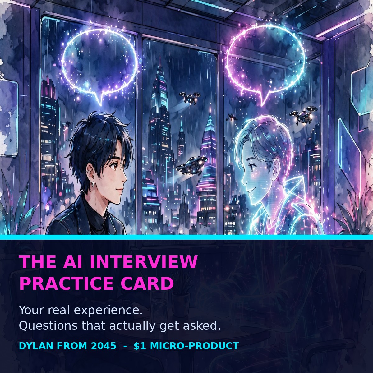 The AI Interview Practice Card cover — futuristic cyberpunk watercolor manga interview scene