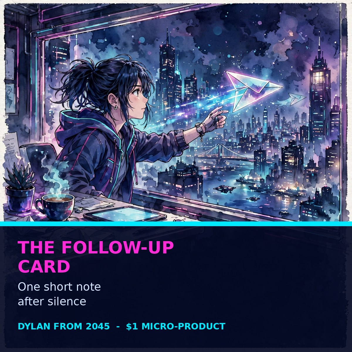 The Follow-Up Card cover — futuristic cyberpunk watercolor manga artwork