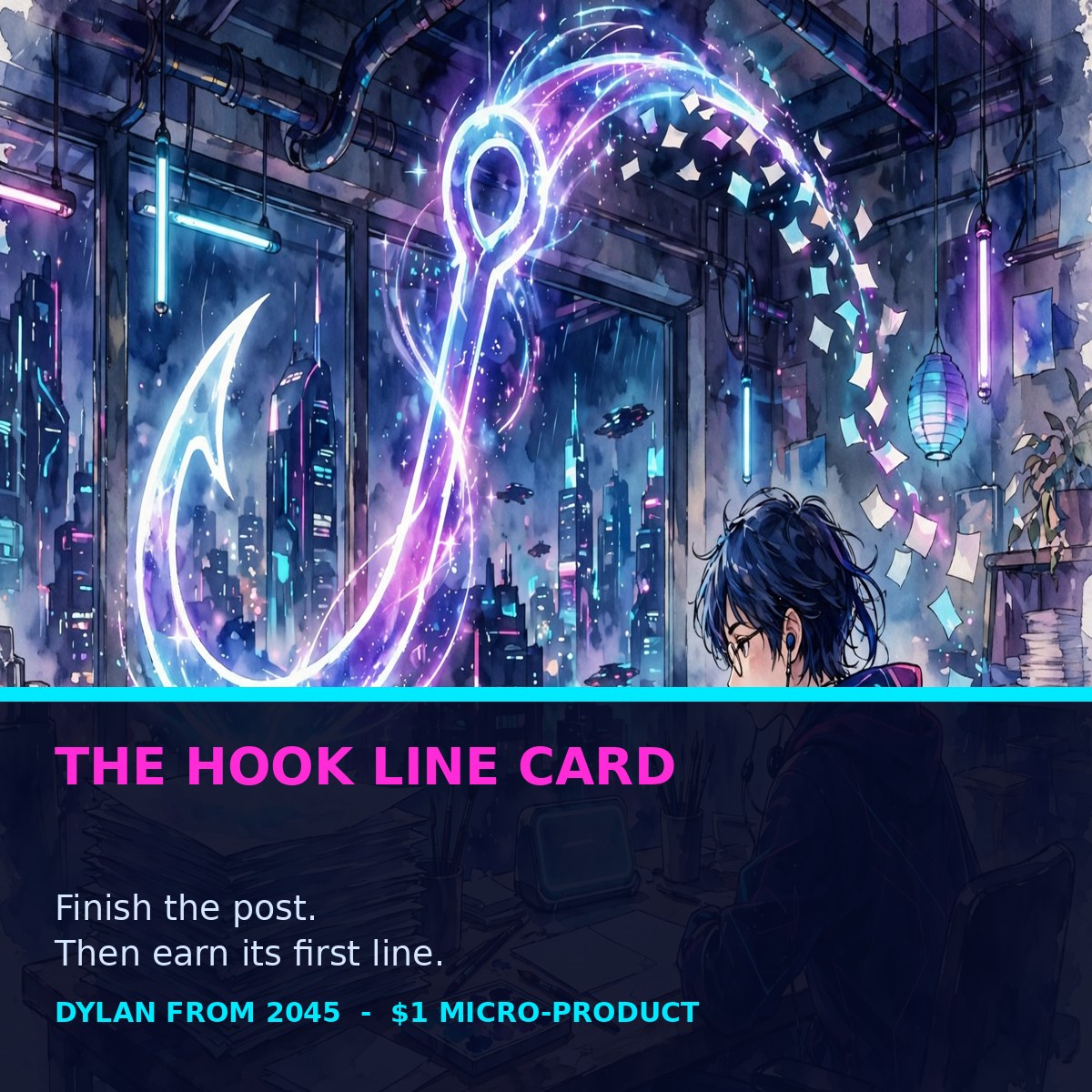 The Hook Line Card cover — futuristic cyberpunk watercolor manga