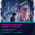 The $0-to-First-Sale Launch Checklist cover — futuristic cyberpunk watercolor manga, a creator opening a tiny glowing digital shop