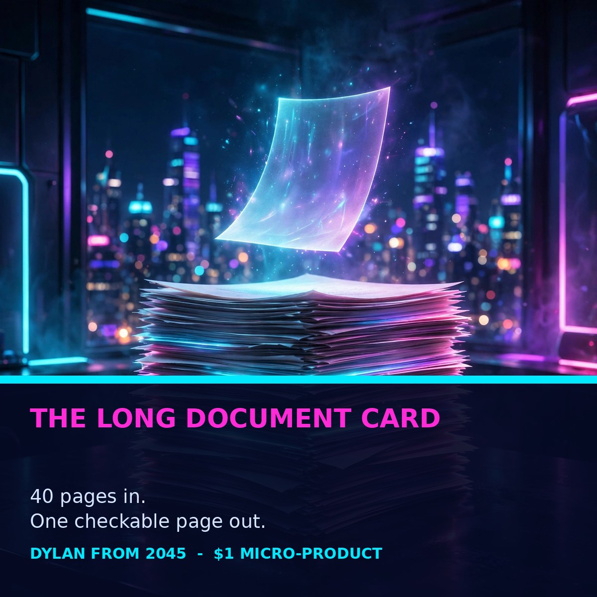The Long Document Card cover — a stack of documents with one glowing page rising above it, neon navy, cyan, magenta and violet