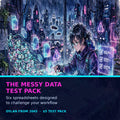 The Messy Data Test Pack cover - futuristic cyberpunk watercolor manga art of a creator testing messy spreadsheet data