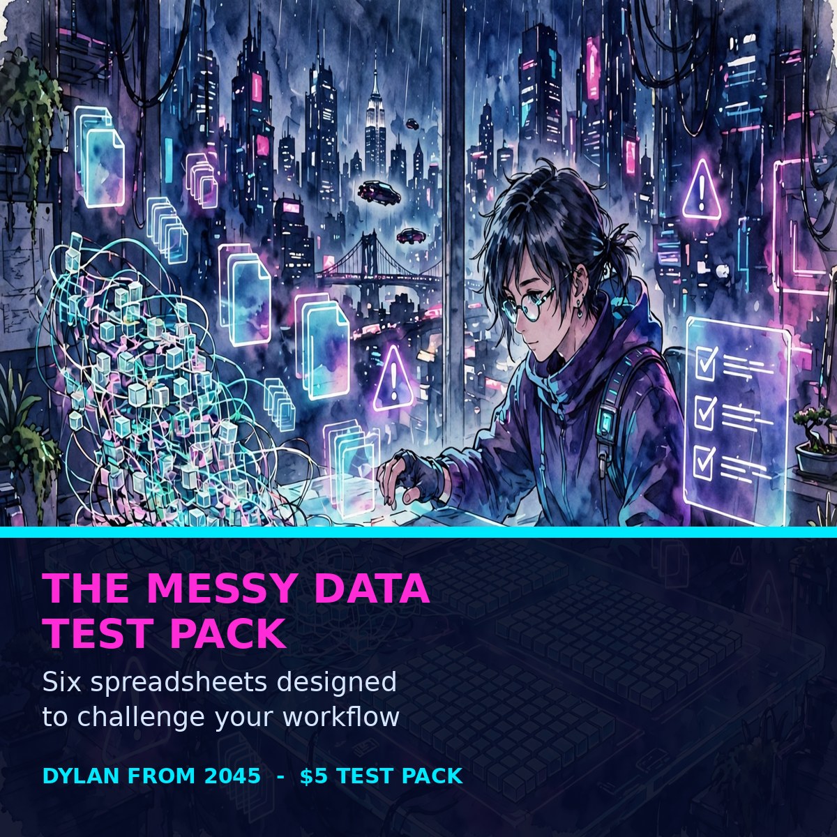 The Messy Data Test Pack cover - futuristic cyberpunk watercolor manga art of a creator testing messy spreadsheet data