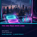 The One-Page Week Card cover — a glowing one-page weekly plan with three move blocks on a futuristic desk