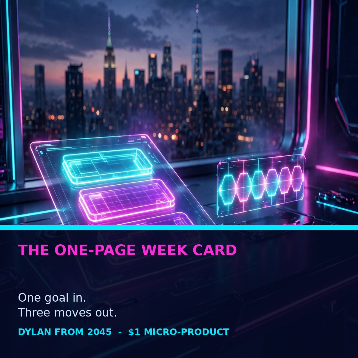 The One-Page Week Card cover — a glowing one-page weekly plan with three move blocks on a futuristic desk