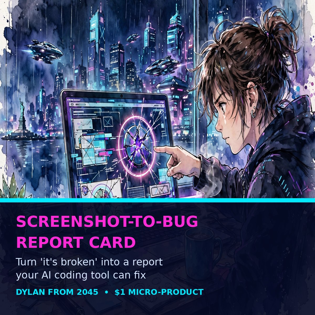 Screenshot-to-Bug Report Card cover — futuristic cyberpunk watercolor manga