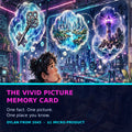 Vivid Picture Memory Card cover — futuristic cyberpunk watercolor manga, a creator with glowing picture thought bubbles