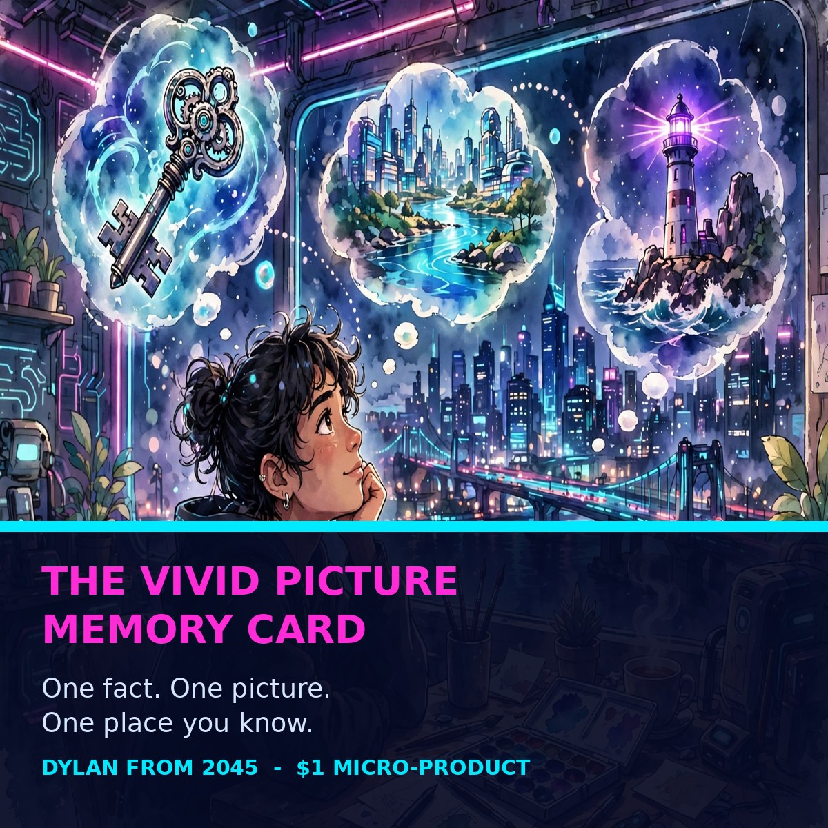 Vivid Picture Memory Card cover — futuristic cyberpunk watercolor manga, a creator with glowing picture thought bubbles